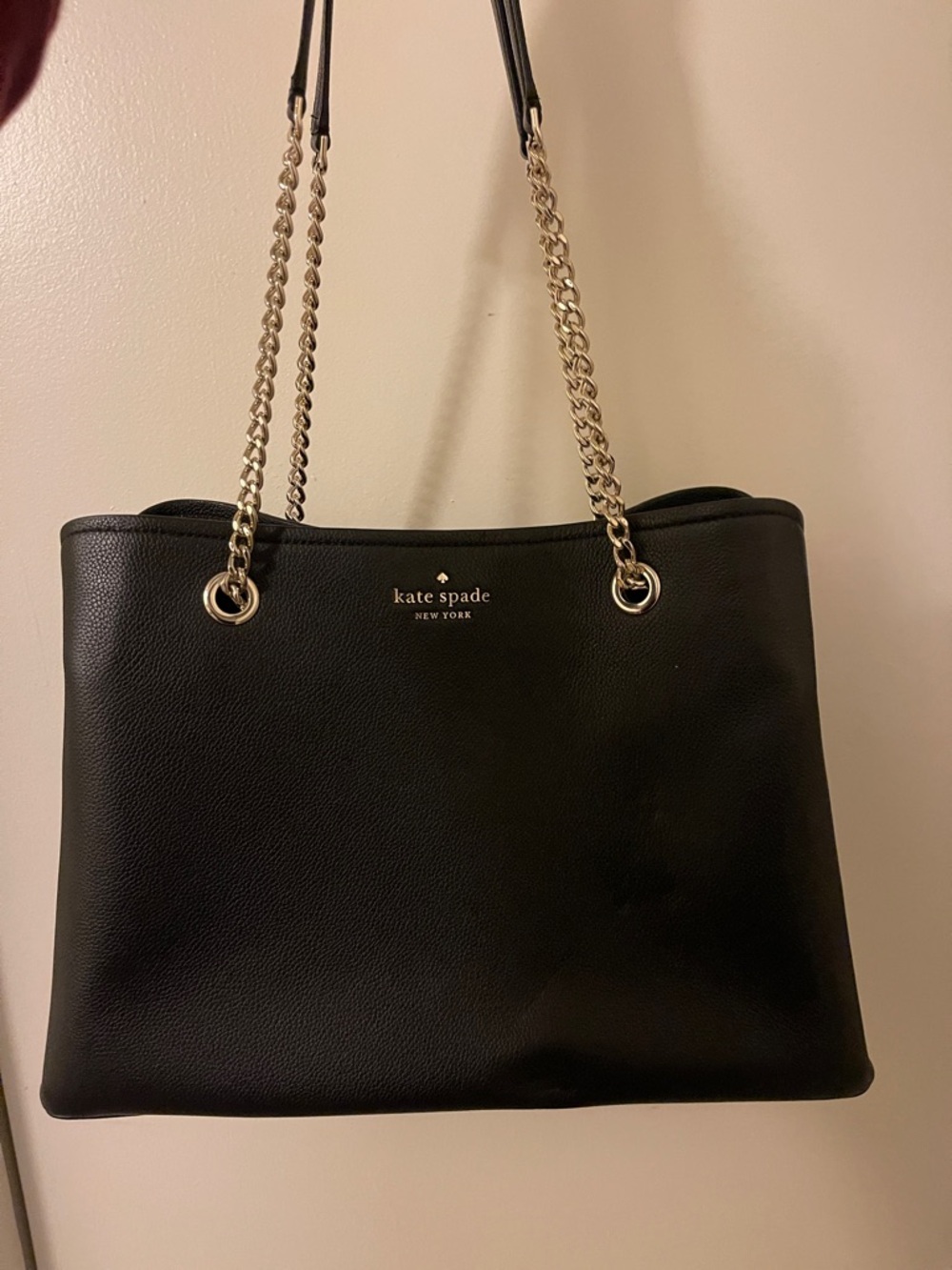 kate spade Black Leather Tote with Gold Chain Handles